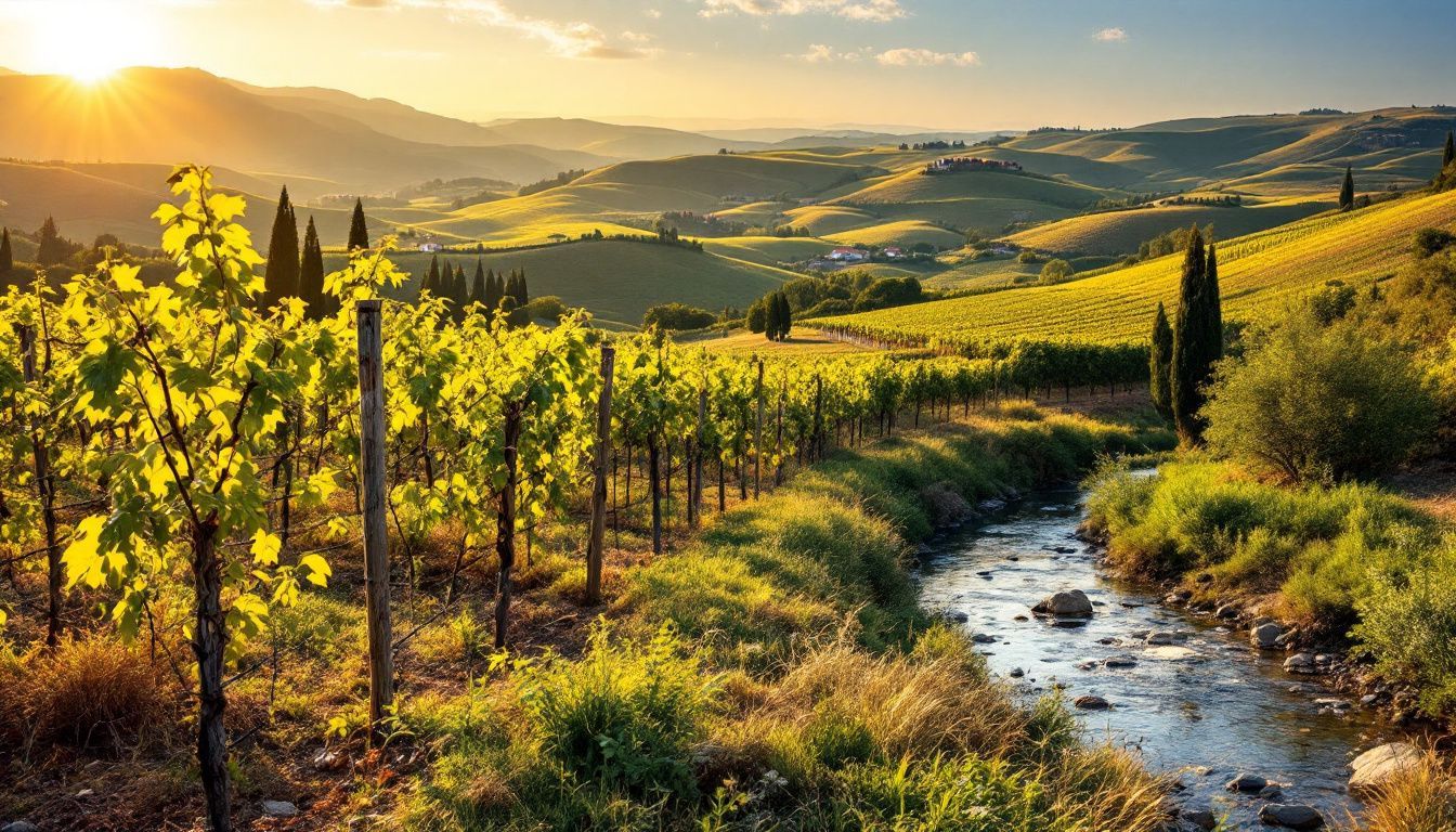 A rustic vineyard in central Italy, with rolling hills and a clear river.