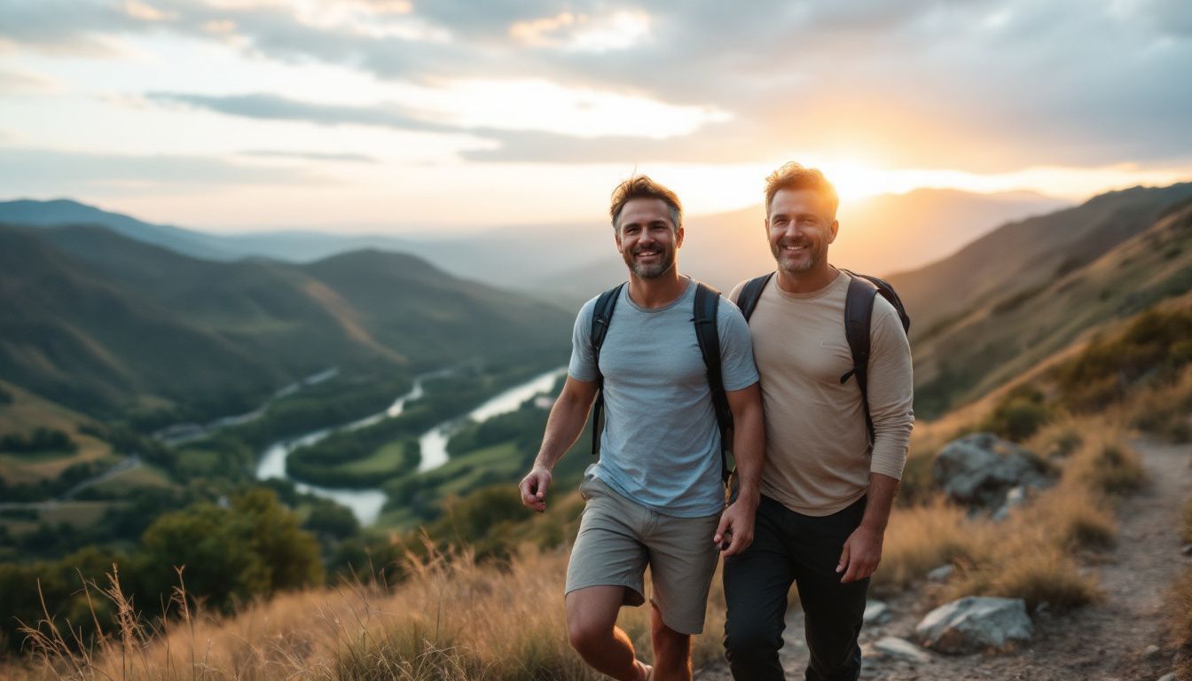 A couple hiking in Central Italy with a scenic backdrop.