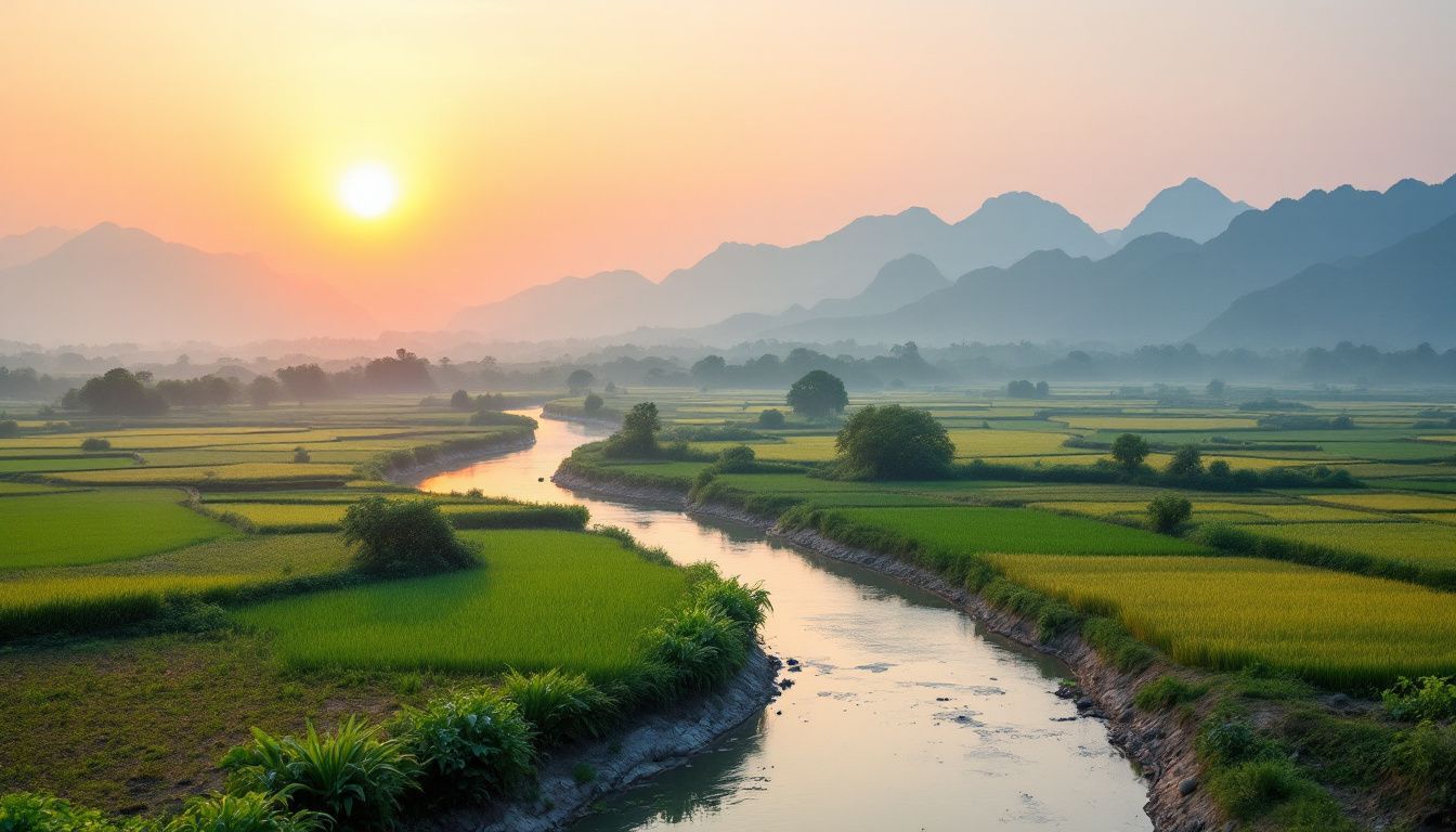 A sunset landscape of the Po River winding through agricultural fields.