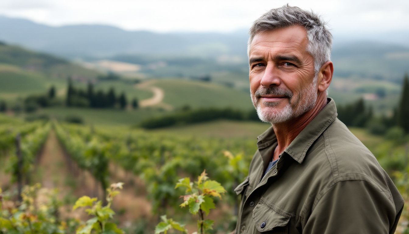 A middle-aged farmer stands in his Tuscan vineyard, overlooking the hills.