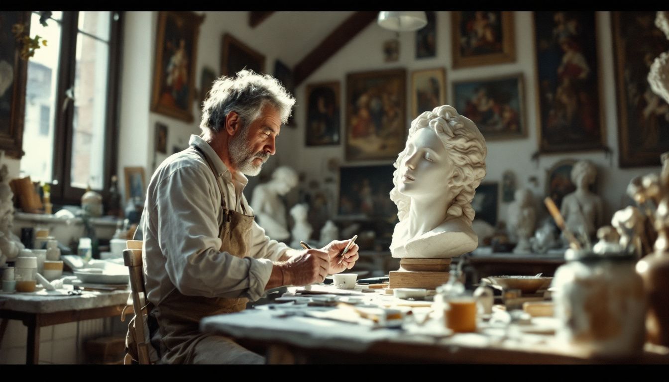 A sculptor working on a marble statue in an artistic studio.