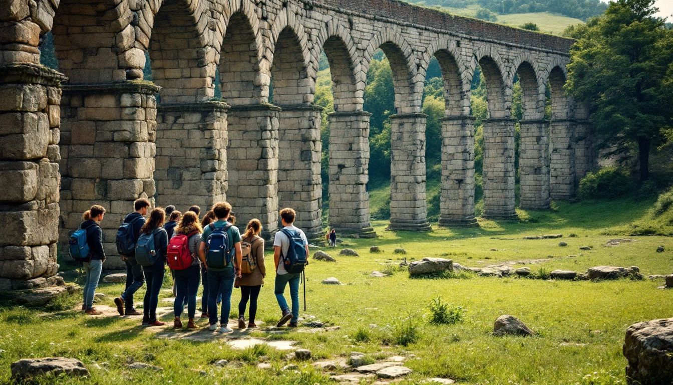 A group of students explore an ancient Roman aqueduct in Italy.
