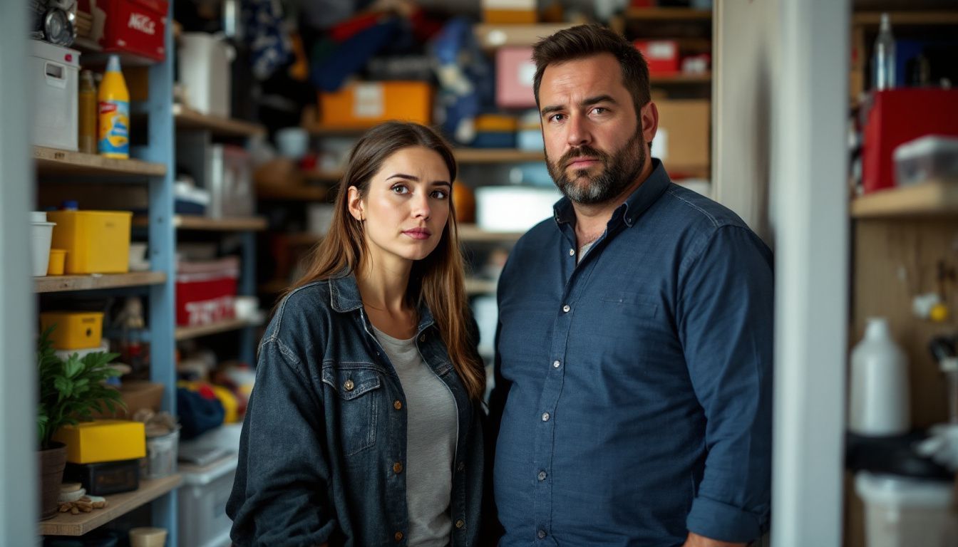 A couple in a cluttered room struggles with limited storage space.