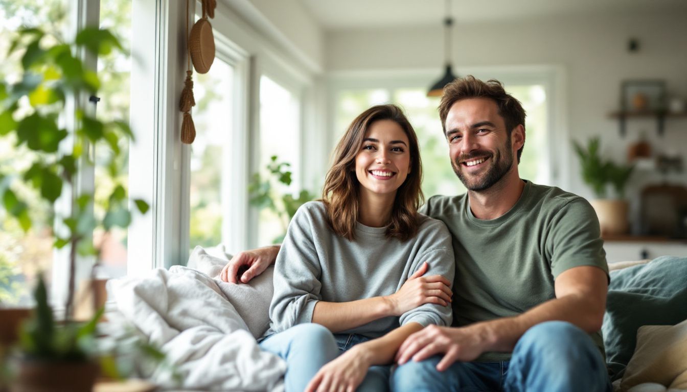A casual, happy couple in a cozy, sustainable home.