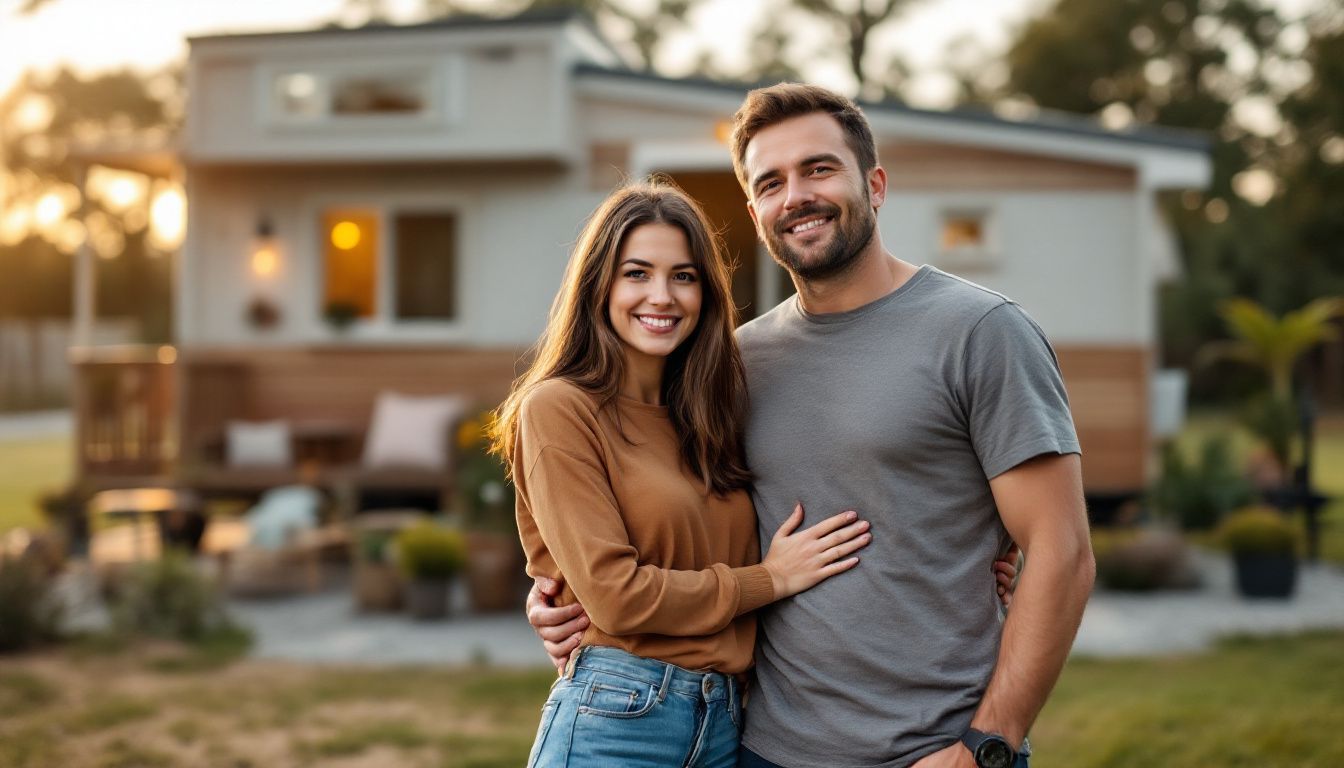 A couple in their 30s standing outside a tiny mobile home.