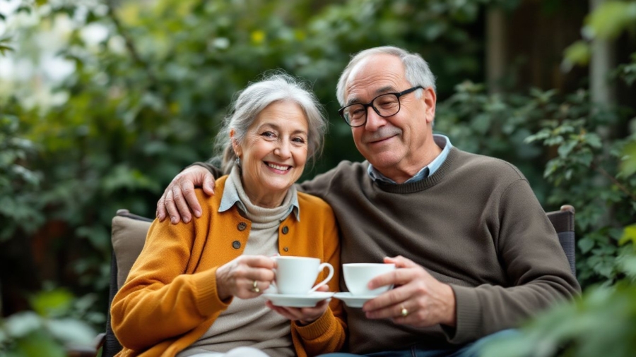 Elderly couple enjoying retirement savings and lower utility bills in their garden.