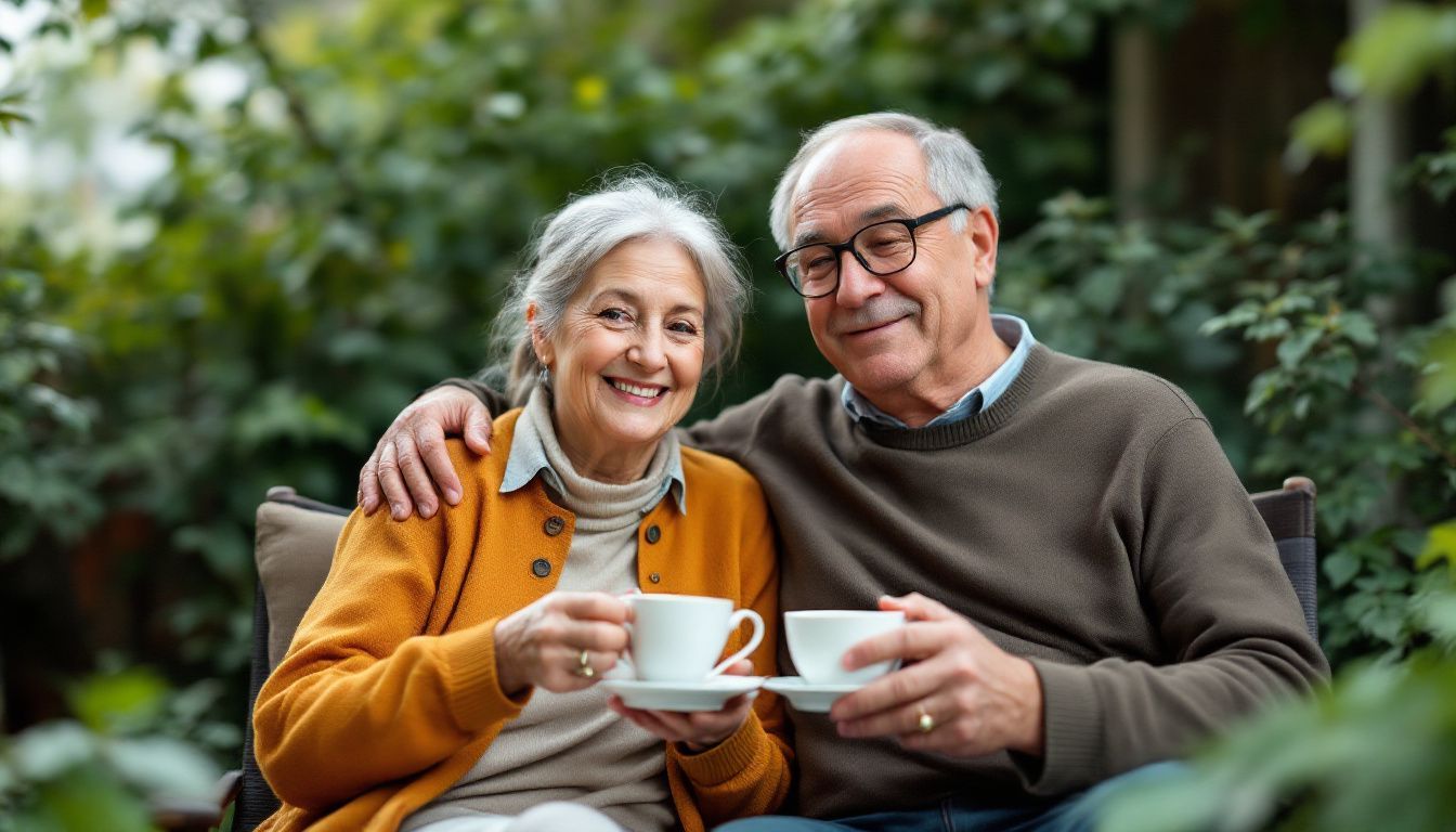 Elderly couple enjoying retirement savings and lower utility bills in their garden.
