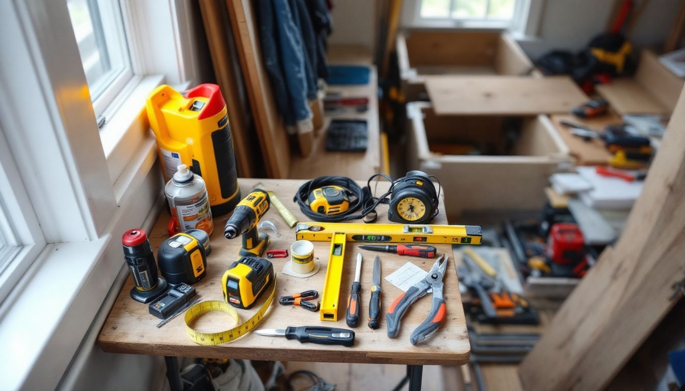 A cluttered workspace with DIY renovation tools and unfinished projects.
