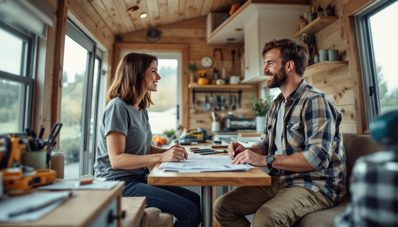 A couple in their 30s discussing design of their tiny home.