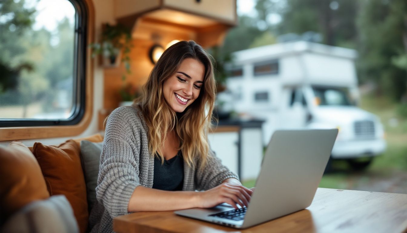 A woman working on a laptop in a cozy tiny home on wheels.