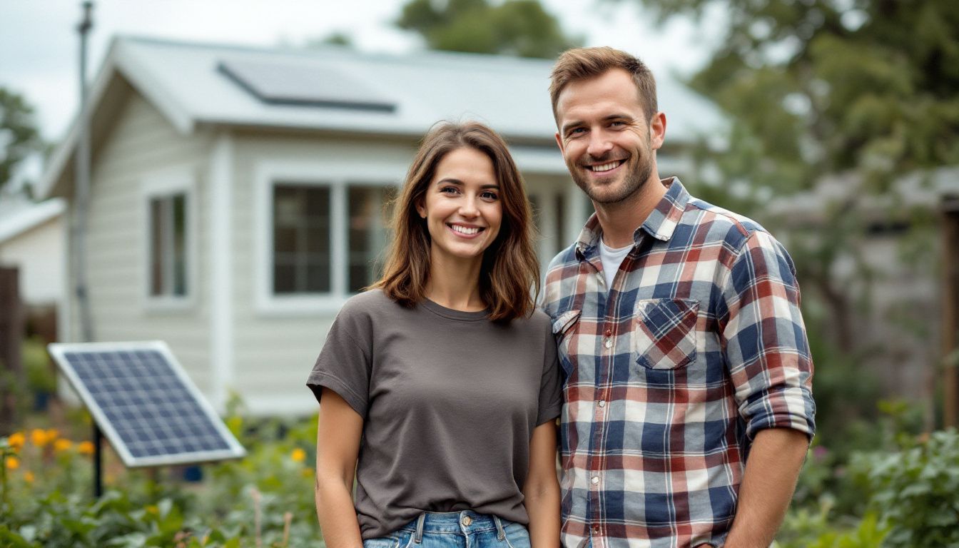 A couple in their 30s smiling outside their cost-effective, sustainable home.