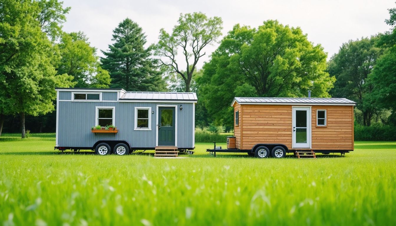 Two tiny homes, stationary and mobile, sit side by side in a meadow.