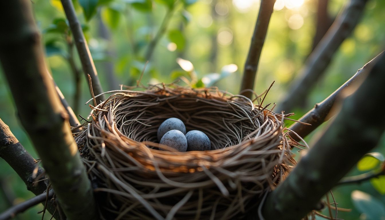 A bird's nest with intricate cross-hatching patterns in a forest.