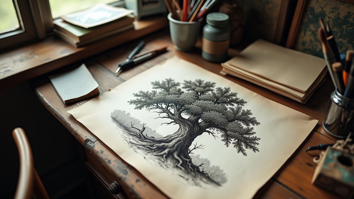 An old drawing table with art supplies and a detailed oak tree illustration.