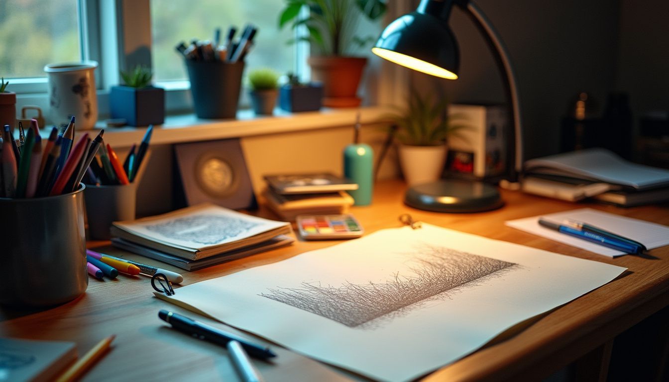 A messy desk with scattered art supplies and a cross-hatching drawing.