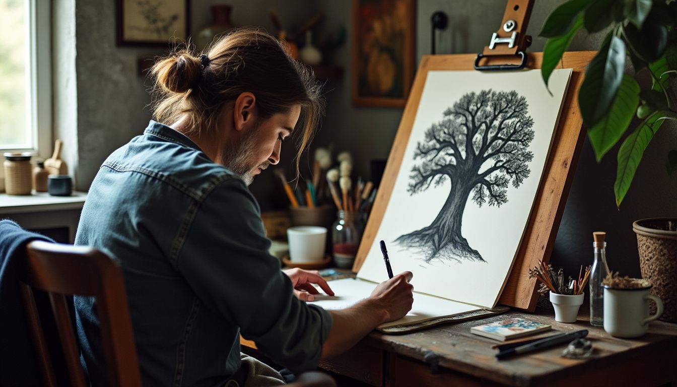 An artist sketching a detailed oak tree in a small studio.