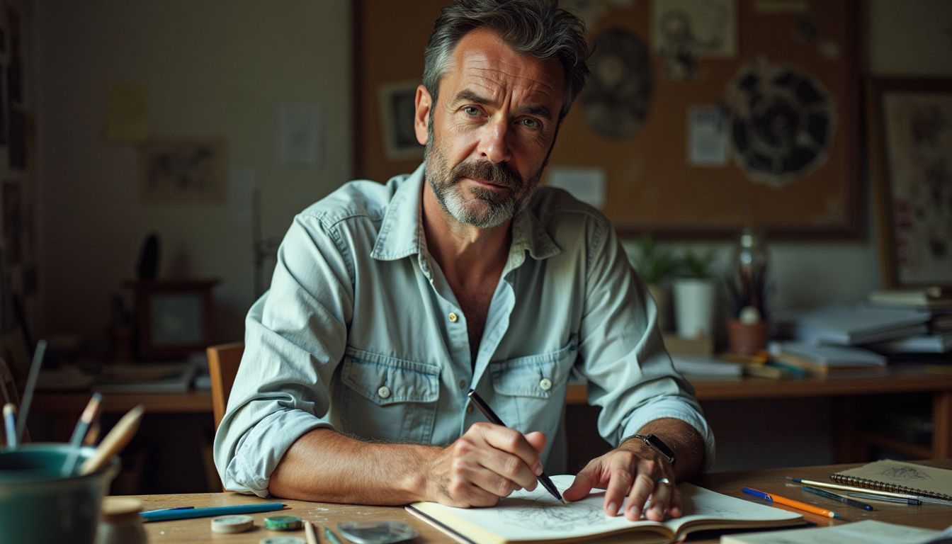 An artist sitting at a cluttered desk with drawing materials.