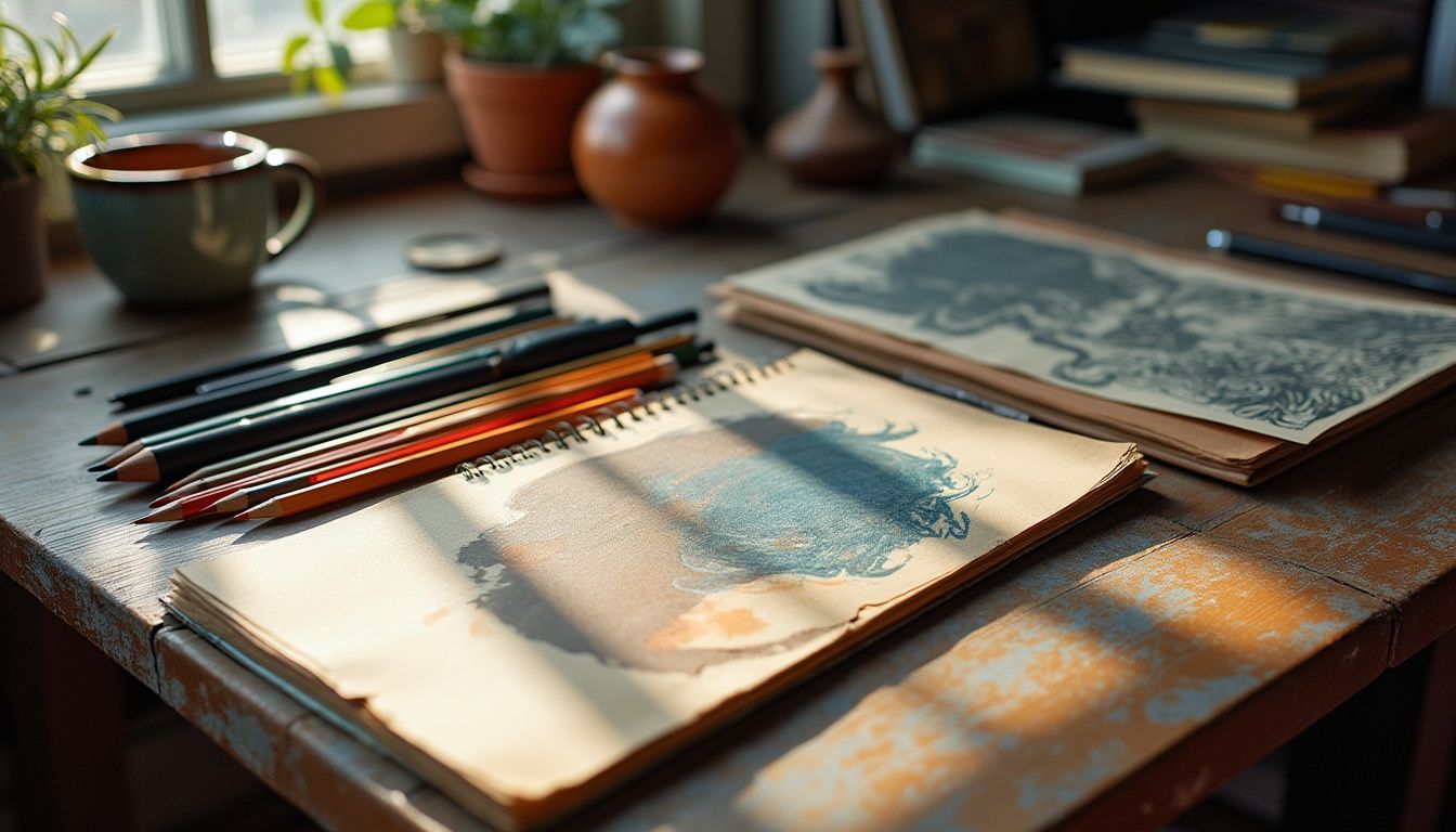 An artist's workspace with a variety of drawing supplies on display.