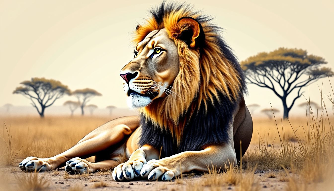 A detailed cross-hatching drawing of a majestic lion in a savanna landscape.