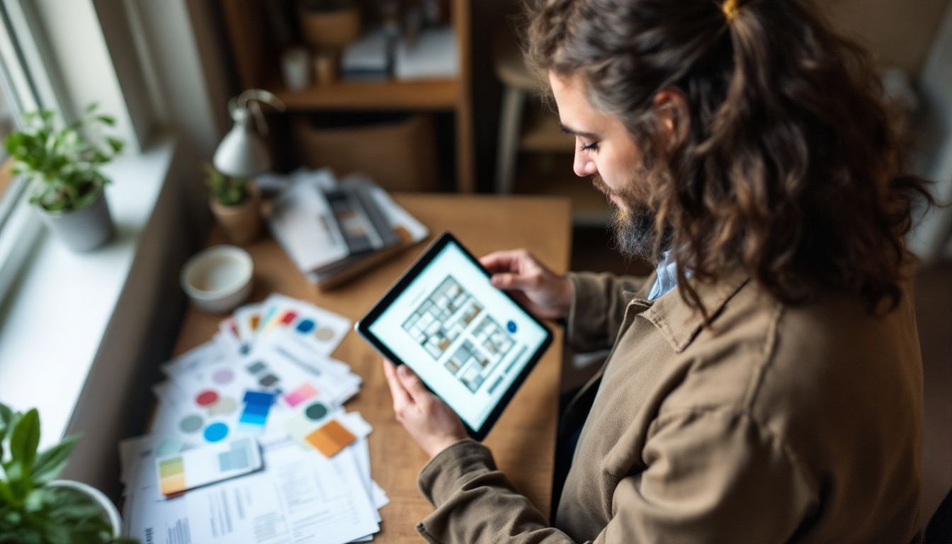 A person working on home design in a cozy office.