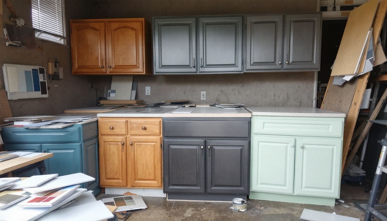A cluttered workshop with mismatched kitchen cabinets and countertop samples.