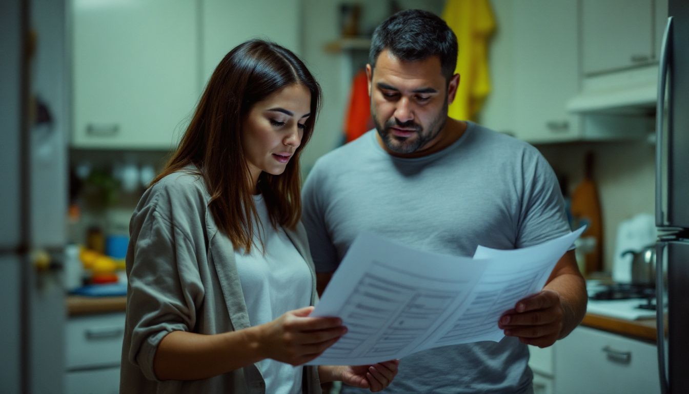 A couple discussing kitchen renovation plans based on blueprints and checklists.