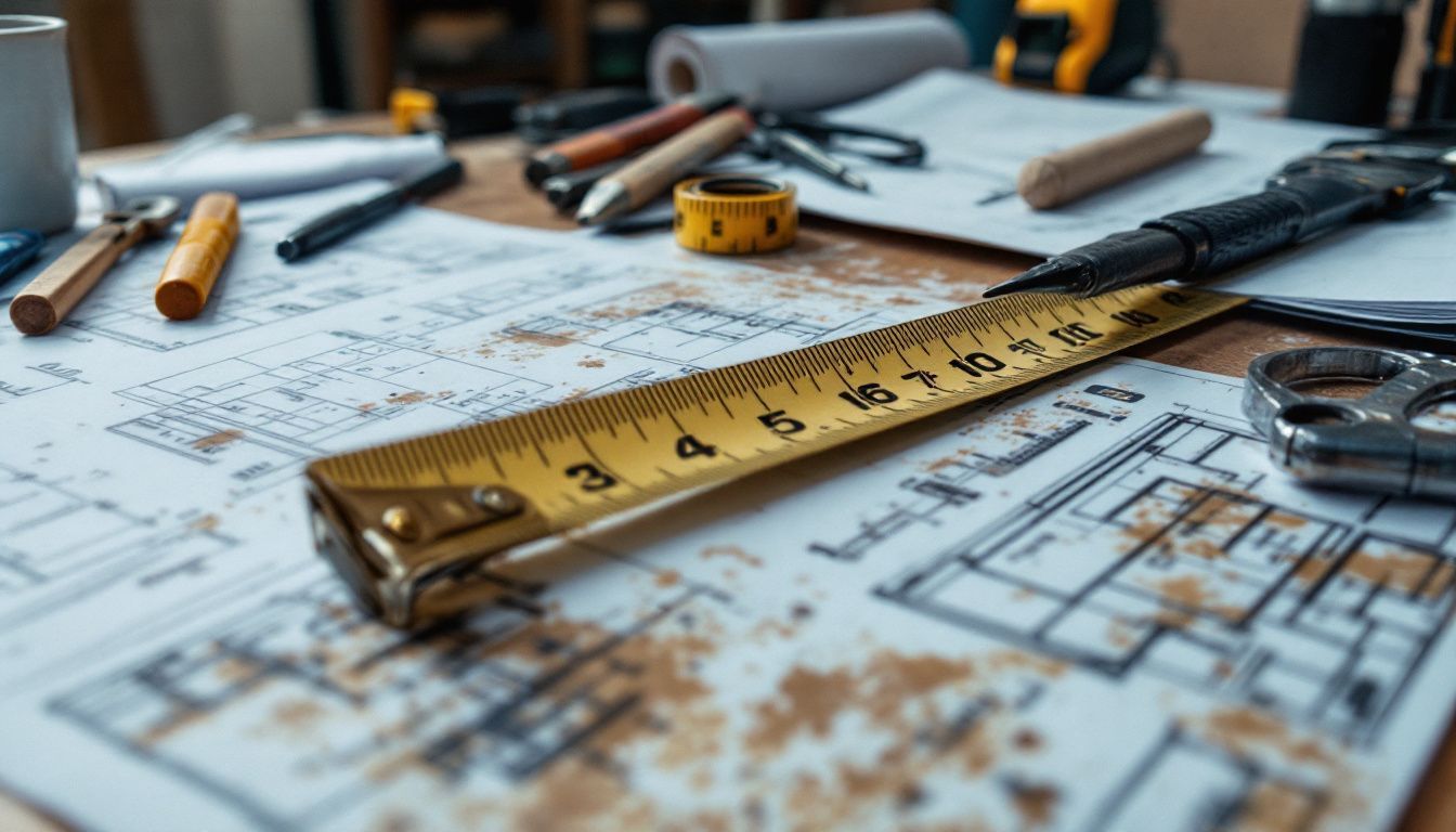 A cluttered workspace with scattered blueprints and tools for home renovation.