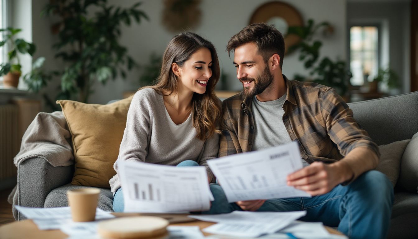 A couple discussing home renovation plans and budget in their living room.