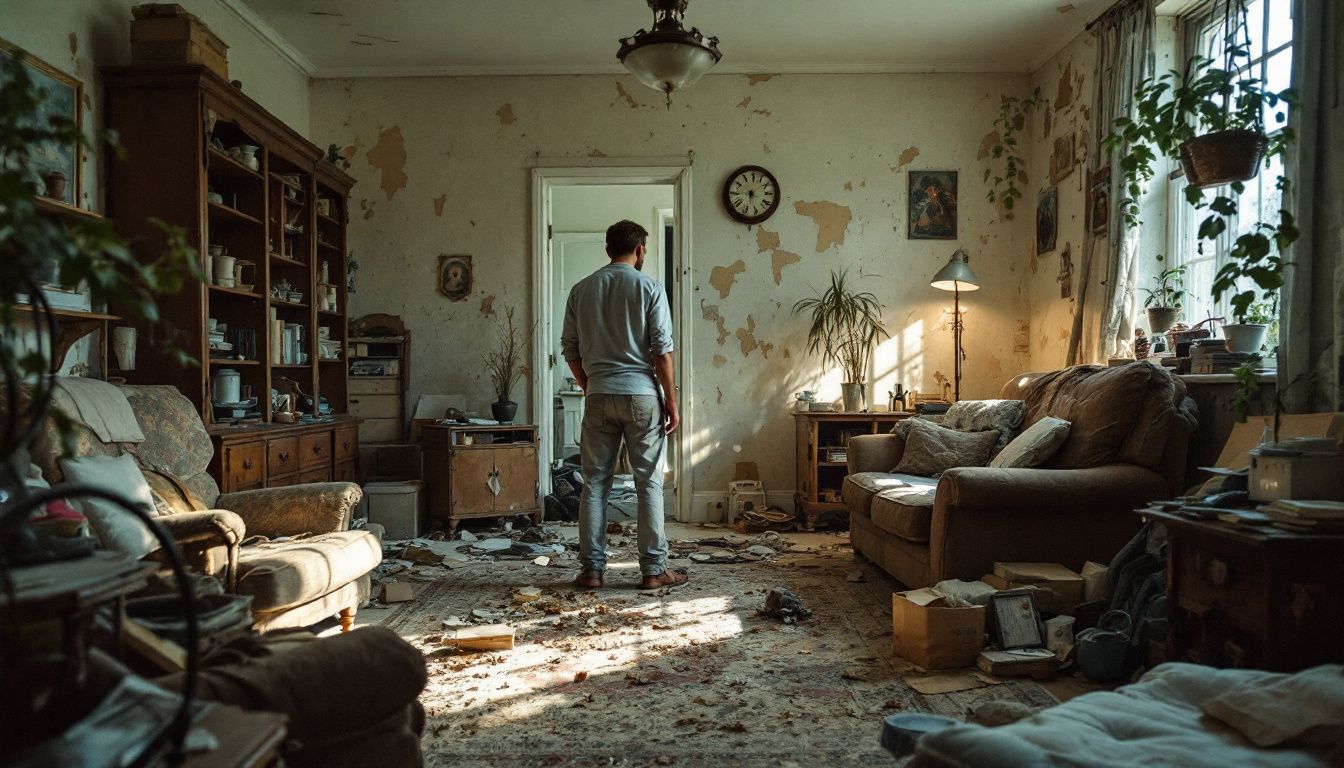 A cluttered living room in need of renovation with old furniture.
