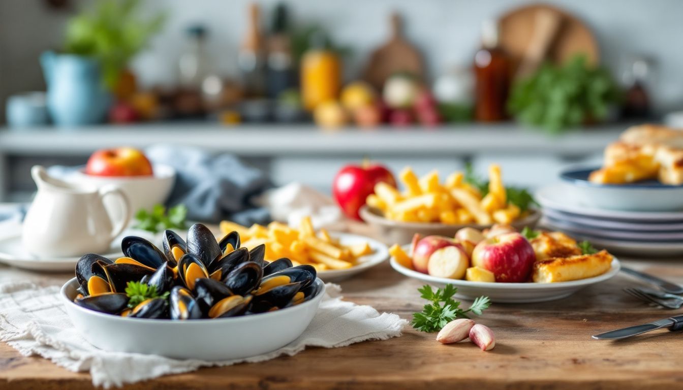 A rustic kitchen scene in Brittany featuring traditional French dishes.