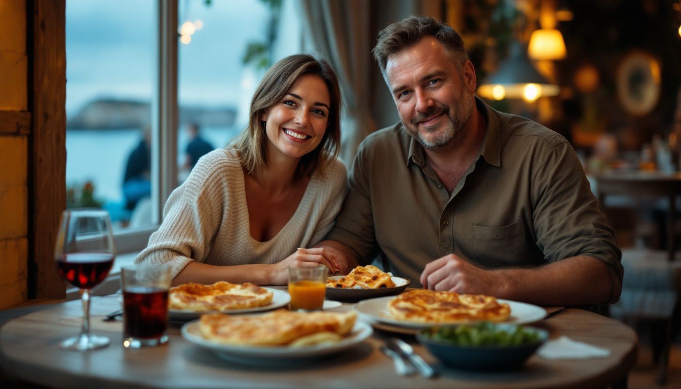 A middle-aged couple enjoying a seafood feast at a seaside restaurant.