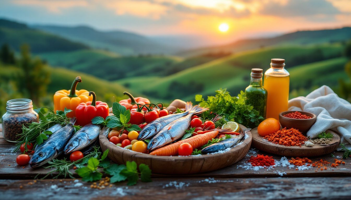 Freshly caught seafood and colorful vegetables on rustic wooden table.