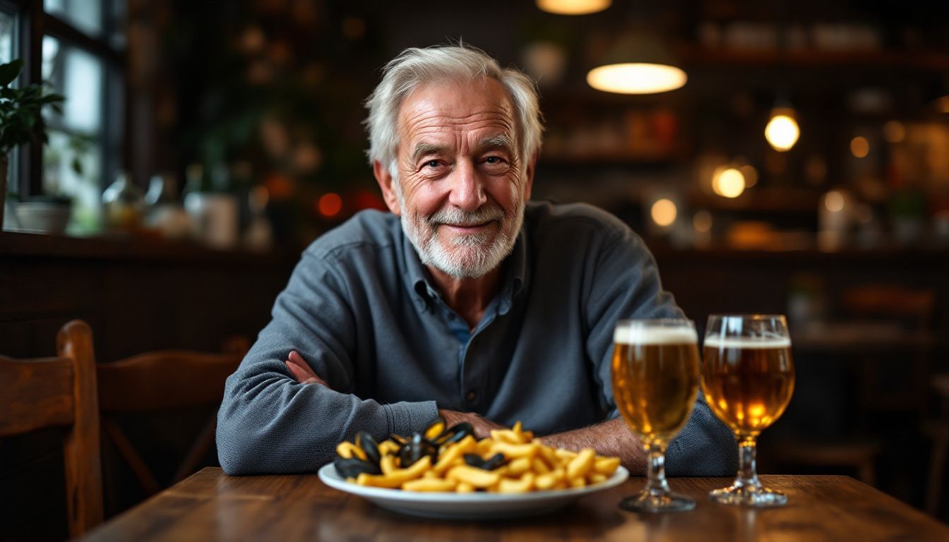 Elderly man enjoying moules frites and cider in cozy French bistro.