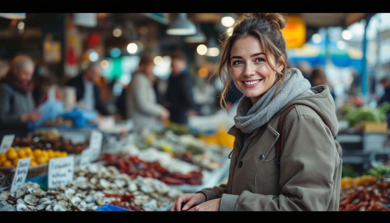A woman shops for fresh seafood at a lively coastal market.