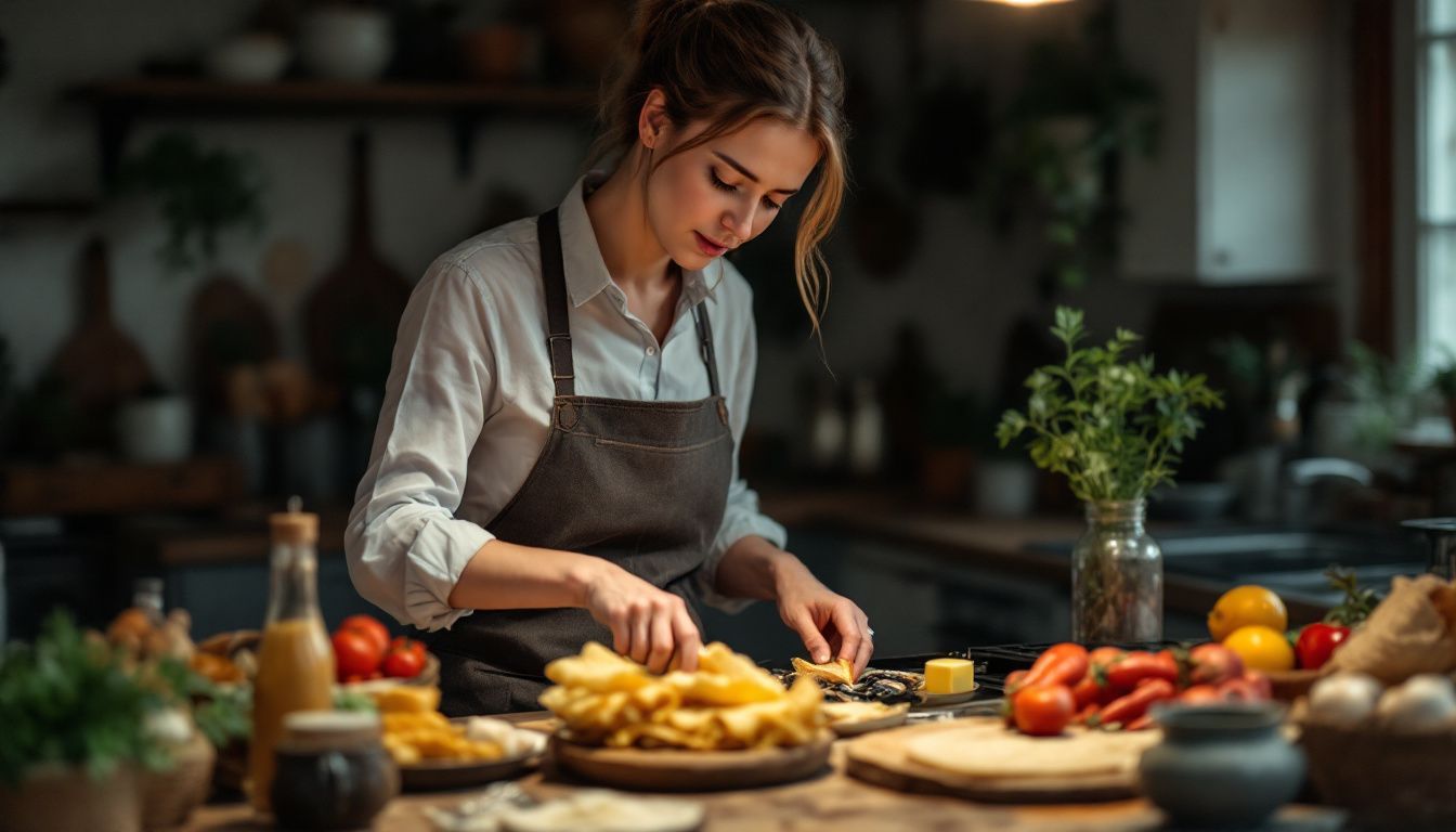 A woman cooking traditional French dishes in a rustic kitchen.