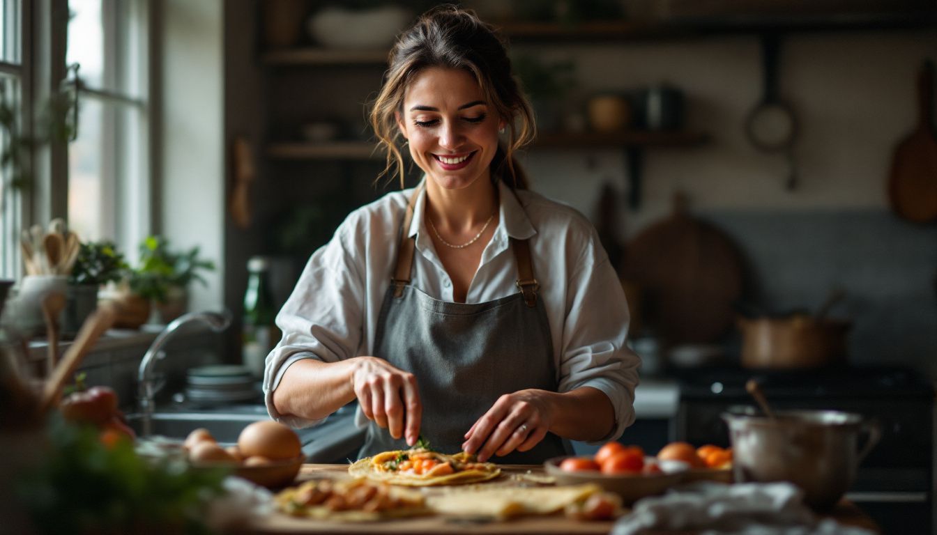 A woman making savory crêpes in a cozy French kitchen.
