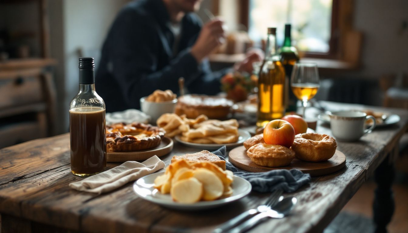 A table filled with traditional French desserts and beverages in a farmhouse setting.