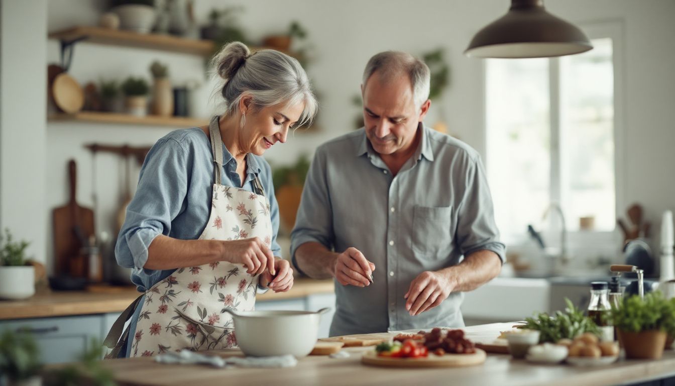 An elderly couple cooking traditional French dishes in a cozy farmhouse kitchen.