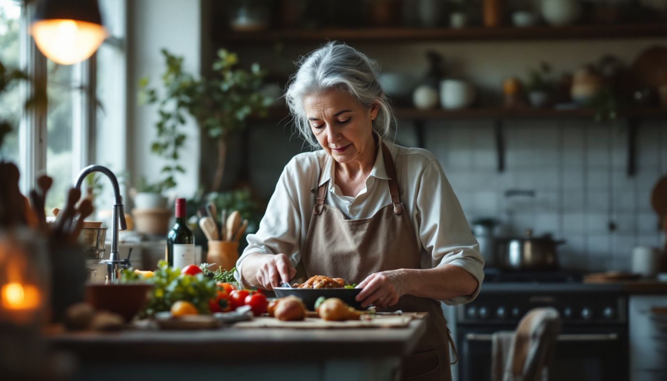 An elderly woman prepares coq au vin in a cozy French kitchen.