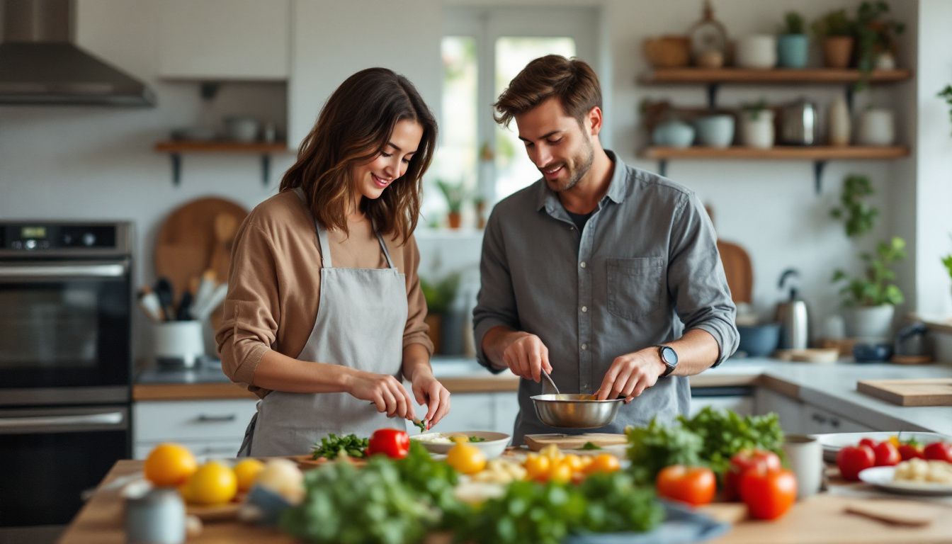 A couple in their 30s cooking together in a modern kitchen.