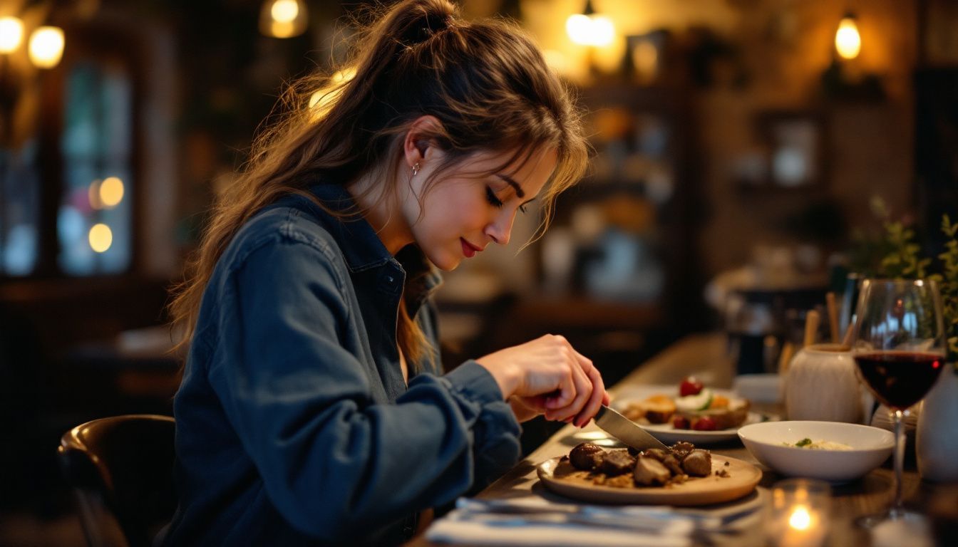 A woman in her 40s enjoying a truffle dish at a French bistro.