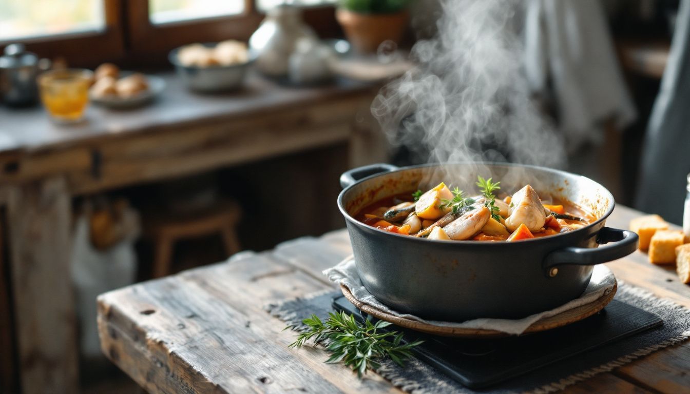 A rustic coastal kitchen in France with a pot of bouillabaisse stew.