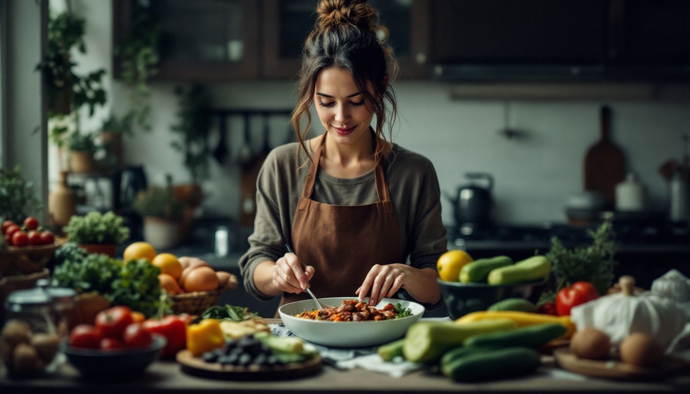 A woman prepares traditional South French dish with fresh ingredients.