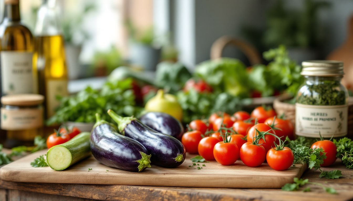 A rustic kitchen setting with fresh vegetables, herbs, and olive oil.