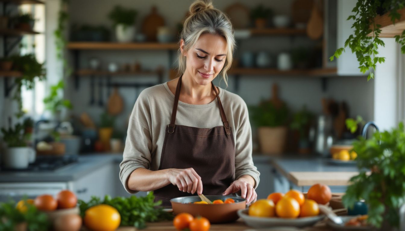 A woman prepares a traditional Southern French dish in a cozy kitchen.
