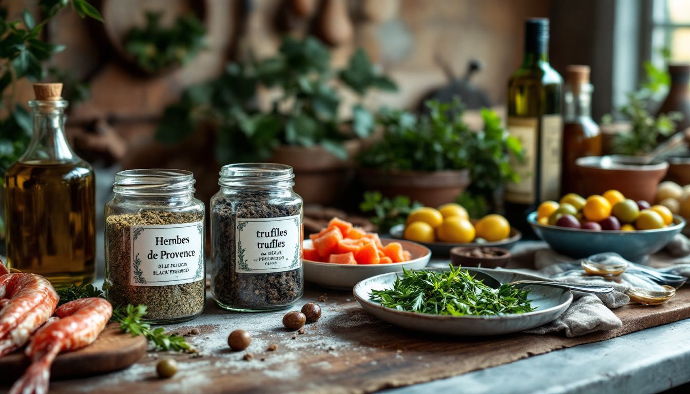 A rustic kitchen counter with Southern French cooking ingredients.