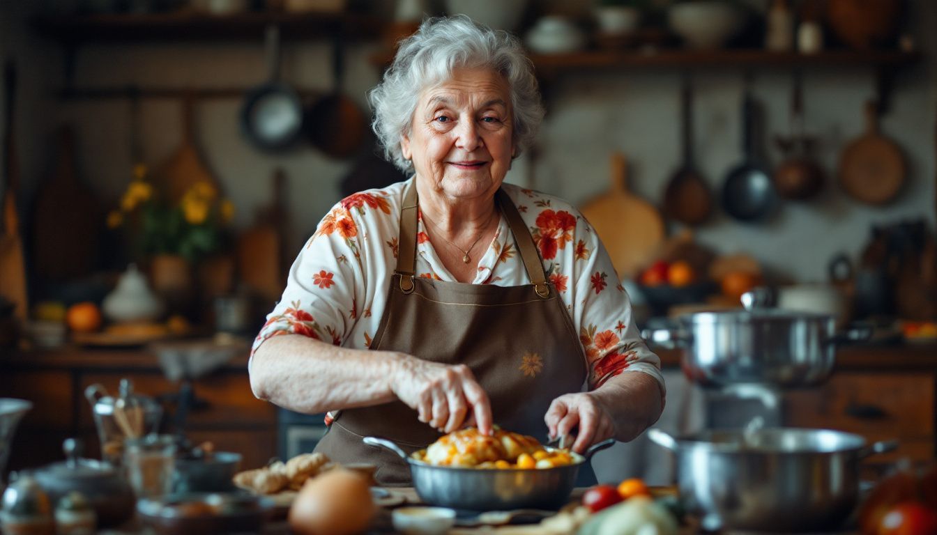 An elderly woman prepares coq au vin in a rustic farmhouse kitchen.