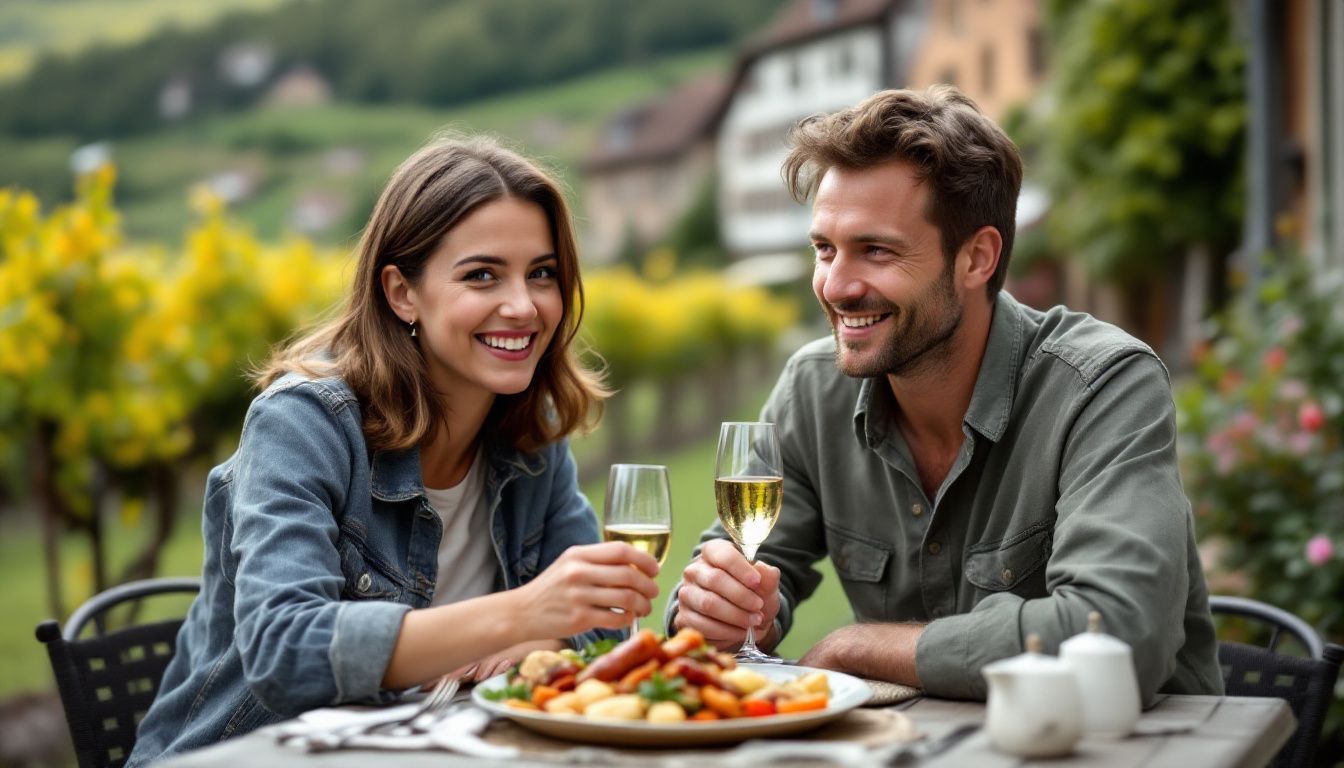A couple enjoying traditional Alsatian meal in a picturesque vineyard setting.