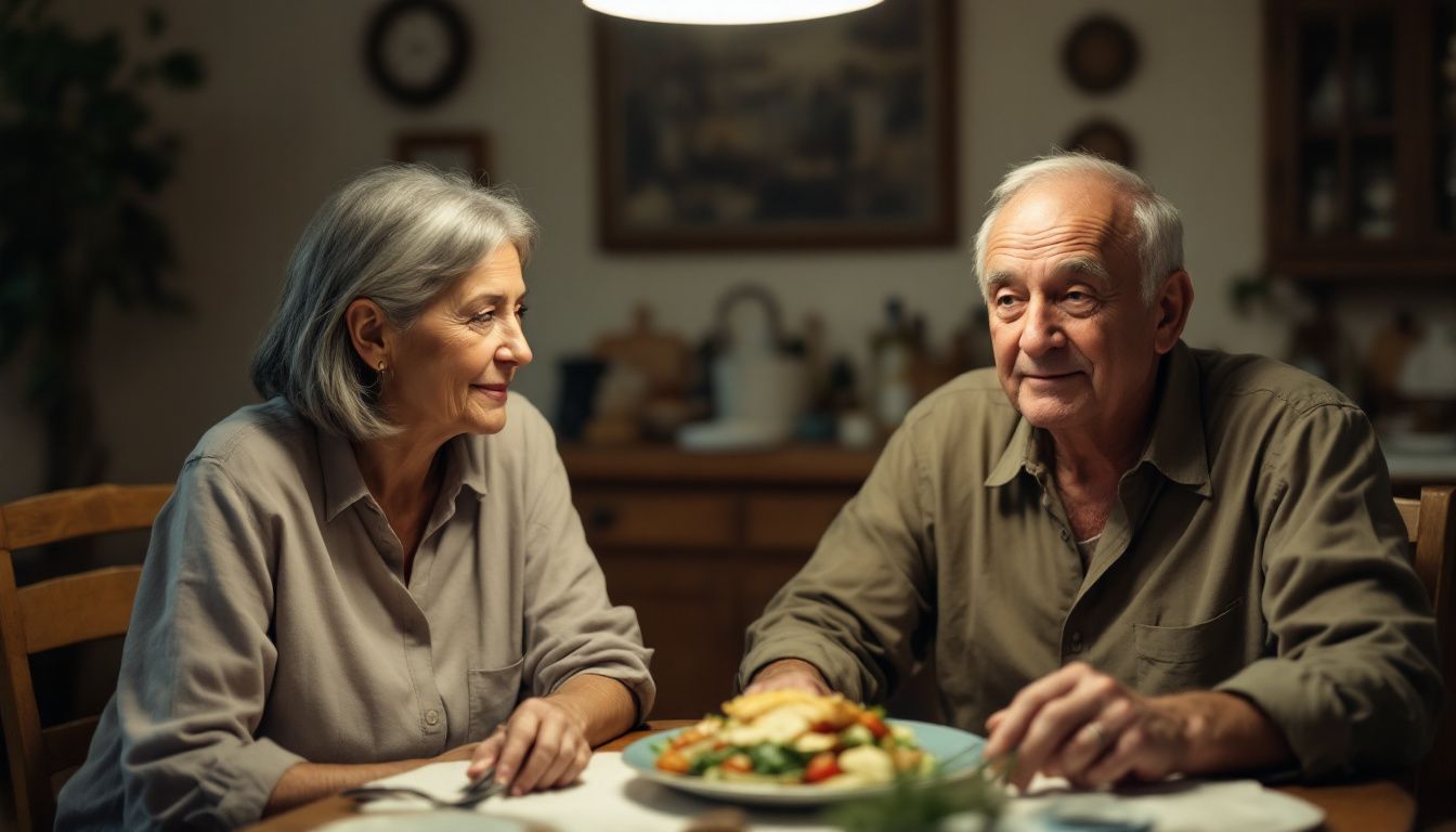 An elderly couple enjoying a homemade French meal in a cozy dining room.