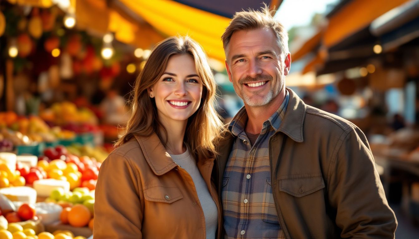 A couple at a traditional French market with regional cuisine.